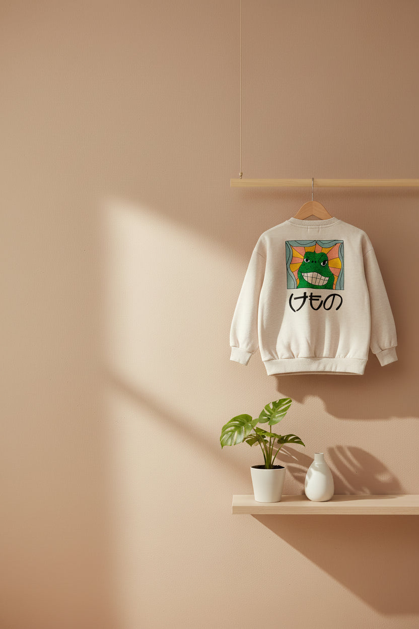 Sweat-shirt décontracté en coton beige à motif bête avec grand imprimé au dos coupe décontractée pour enfants automne hiver (1-13 ans)