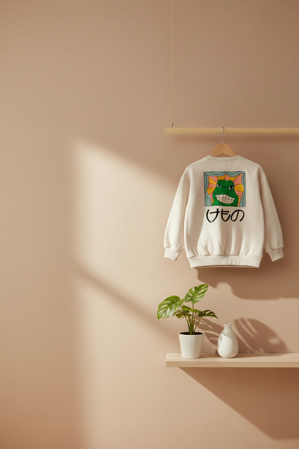 Sweat-shirt décontracté en coton beige à motif bête avec grand imprimé au dos coupe décontractée pour enfants automne hiver (1-13 ans)