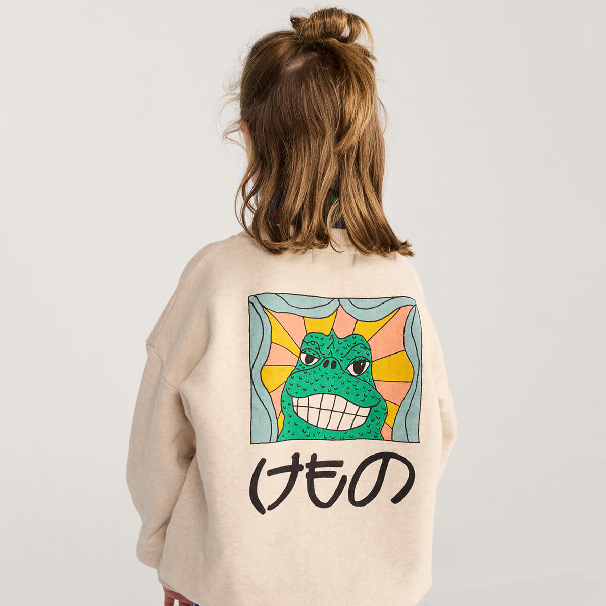 Sweat-shirt décontracté en coton beige à motif bête avec grand imprimé au dos coupe décontractée pour enfants automne hiver (1-13 ans)