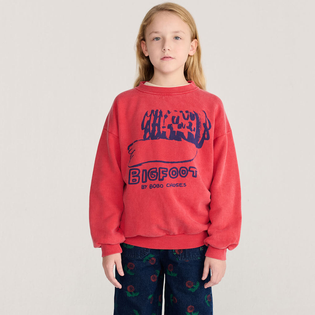 Sweat-shirt décontracté en coton biologique rouge avec motif Bigfoot et imprimé audacieux sur la poitrine, coupe décontractée pour le quotidien des enfants (1-13 ans)