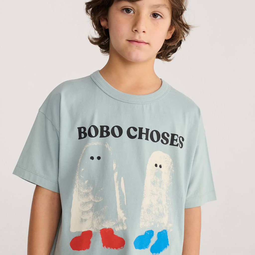 T-shirt en coton imprimé fantôme blanc ludique avec un motif graphique amusant et effrayant pour le quotidien des enfants (2-13 ans)