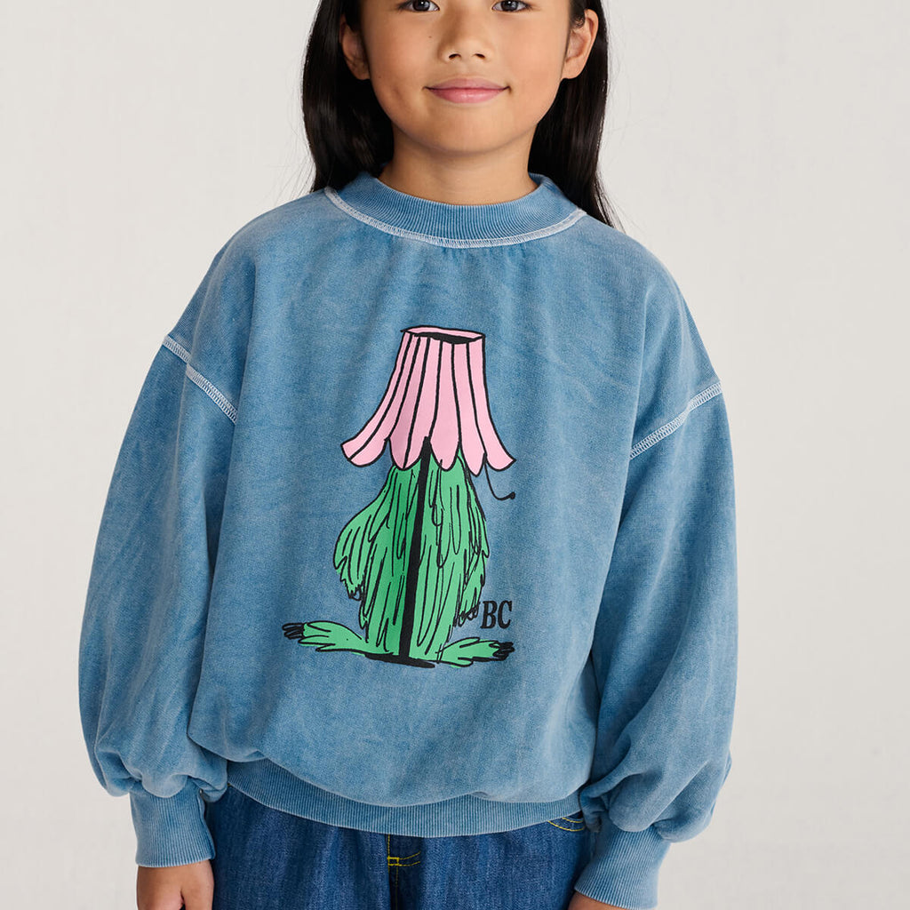 Sweat-shirt en coton biologique imprimé monstre caché bleu délavé, au design côtelé décontracté pour enfants de 1 à 13 ans (usage quotidien)