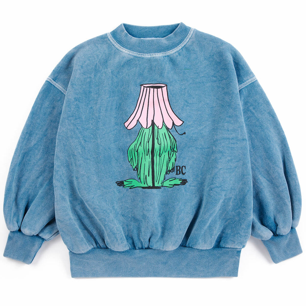 Sweat-shirt en coton biologique imprimé monstre caché bleu délavé, au design côtelé décontracté pour enfants de 1 à 13 ans (usage quotidien)