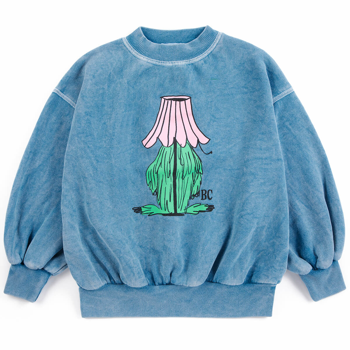 Sweat-shirt en coton biologique imprimé monstre caché bleu délavé, au design côtelé décontracté pour enfants de 1 à 13 ans (usage quotidien)
