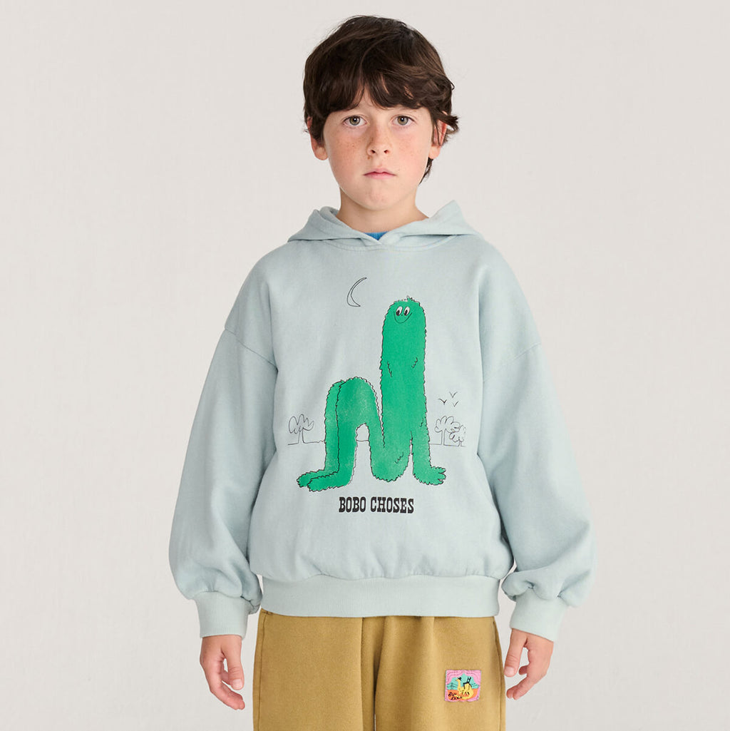 Sweat à capuche en coton bio imprimé bleu clair ludique à manches longues bouffantes avec poignets côtelés, conçu pour les enfants de 1 à 13 ans