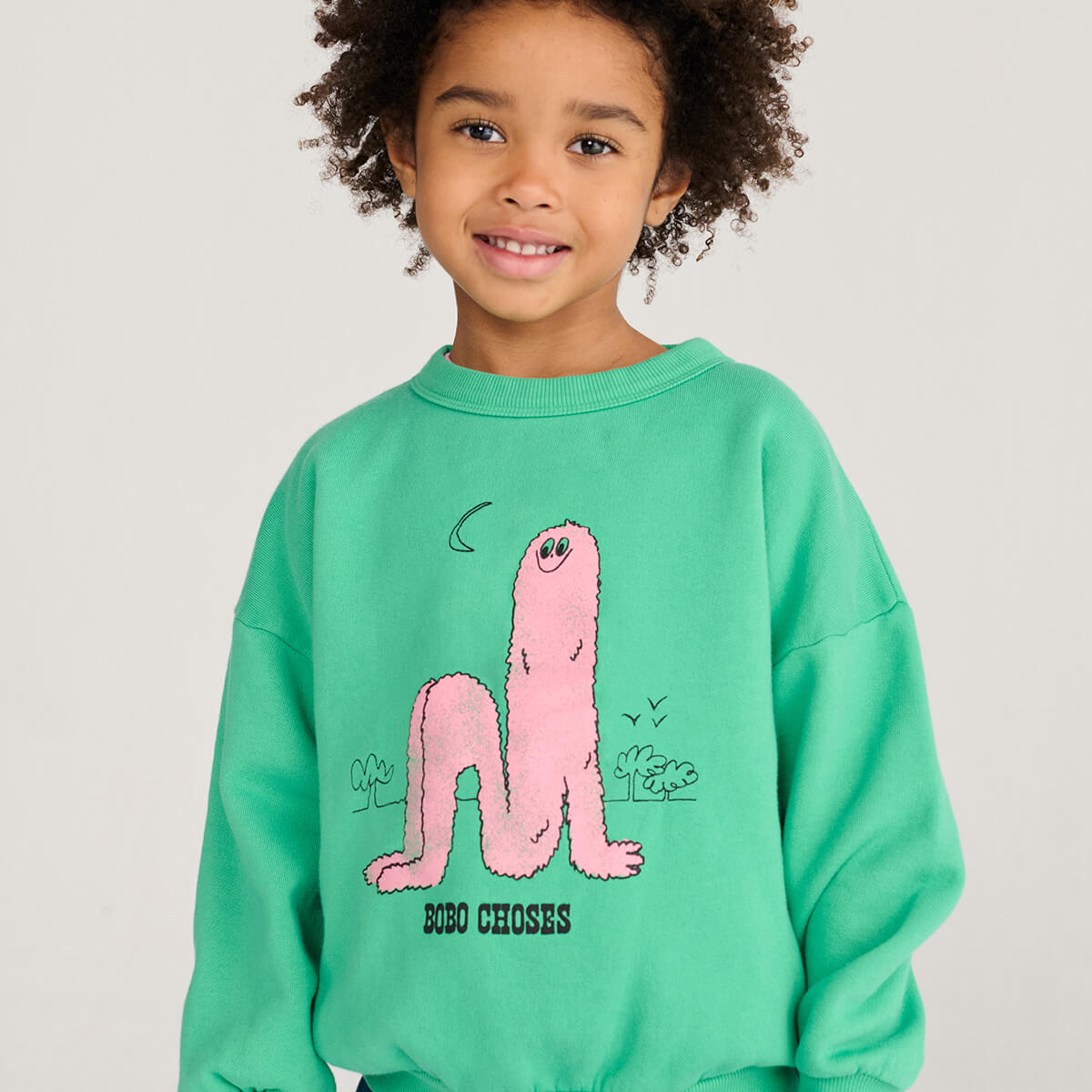 Sweat-shirt décontracté vert à manches longues bouffantes, imprimé rose, en coton biologique, avec poignets côtelés, coupe décontractée pour enfants (1-13 ans)