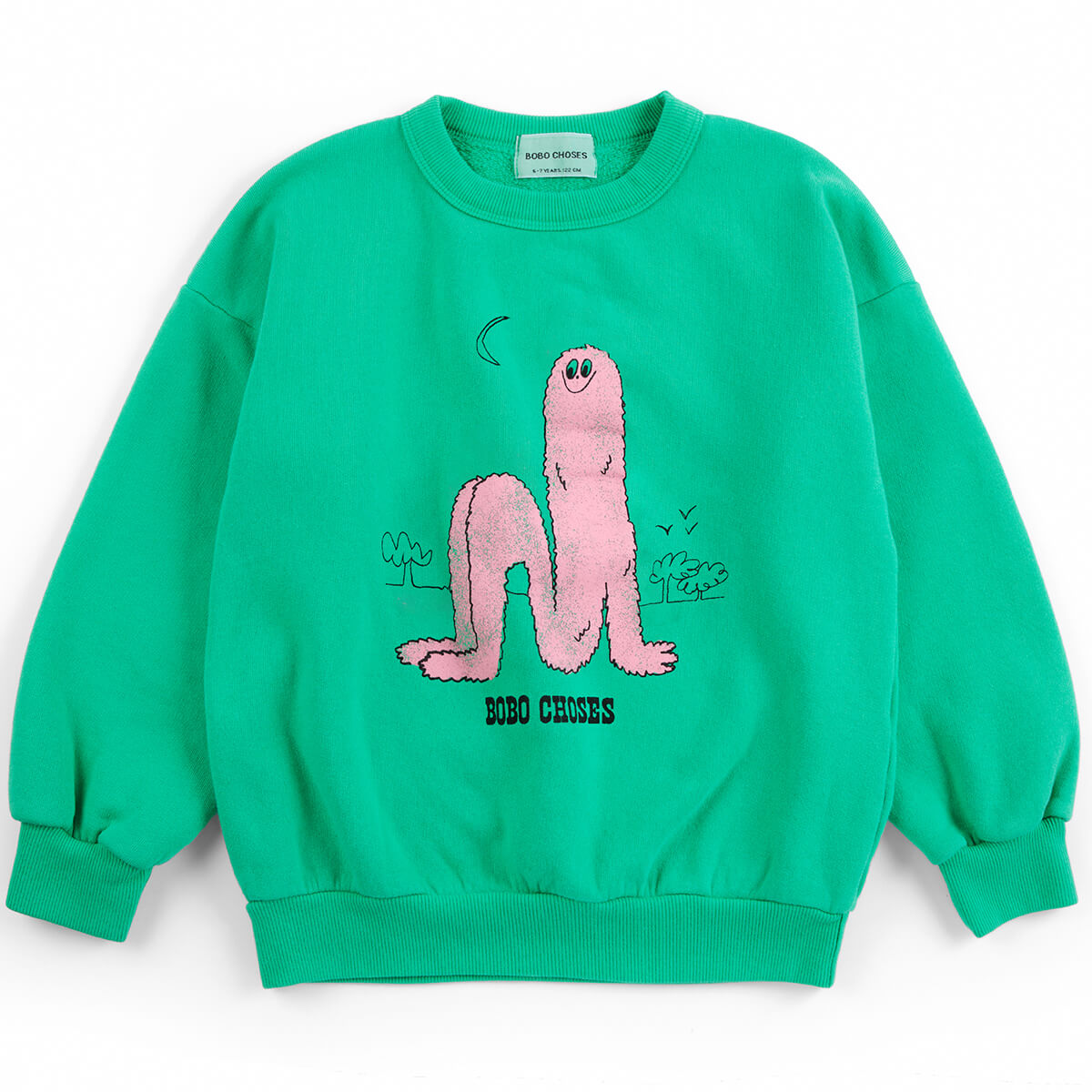 Sweat-shirt décontracté vert à manches longues bouffantes, imprimé rose, en coton biologique, avec poignets côtelés, coupe décontractée pour enfants (1-13 ans)