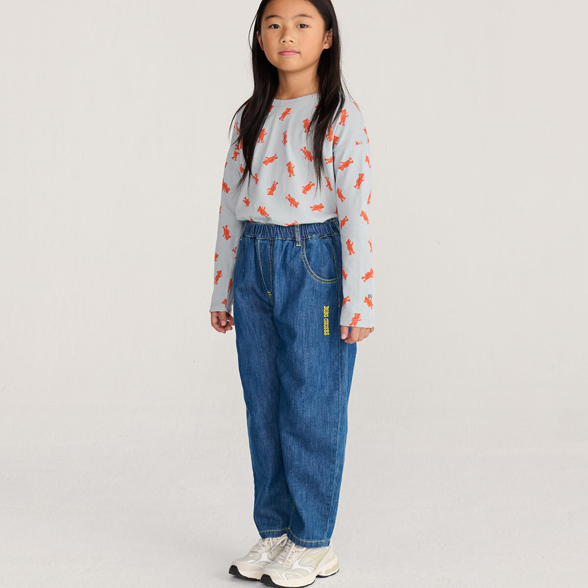Pantalon en jean dinosaure bleu ludique avec motif graphique amusant pour les enfants (2-13 ans)