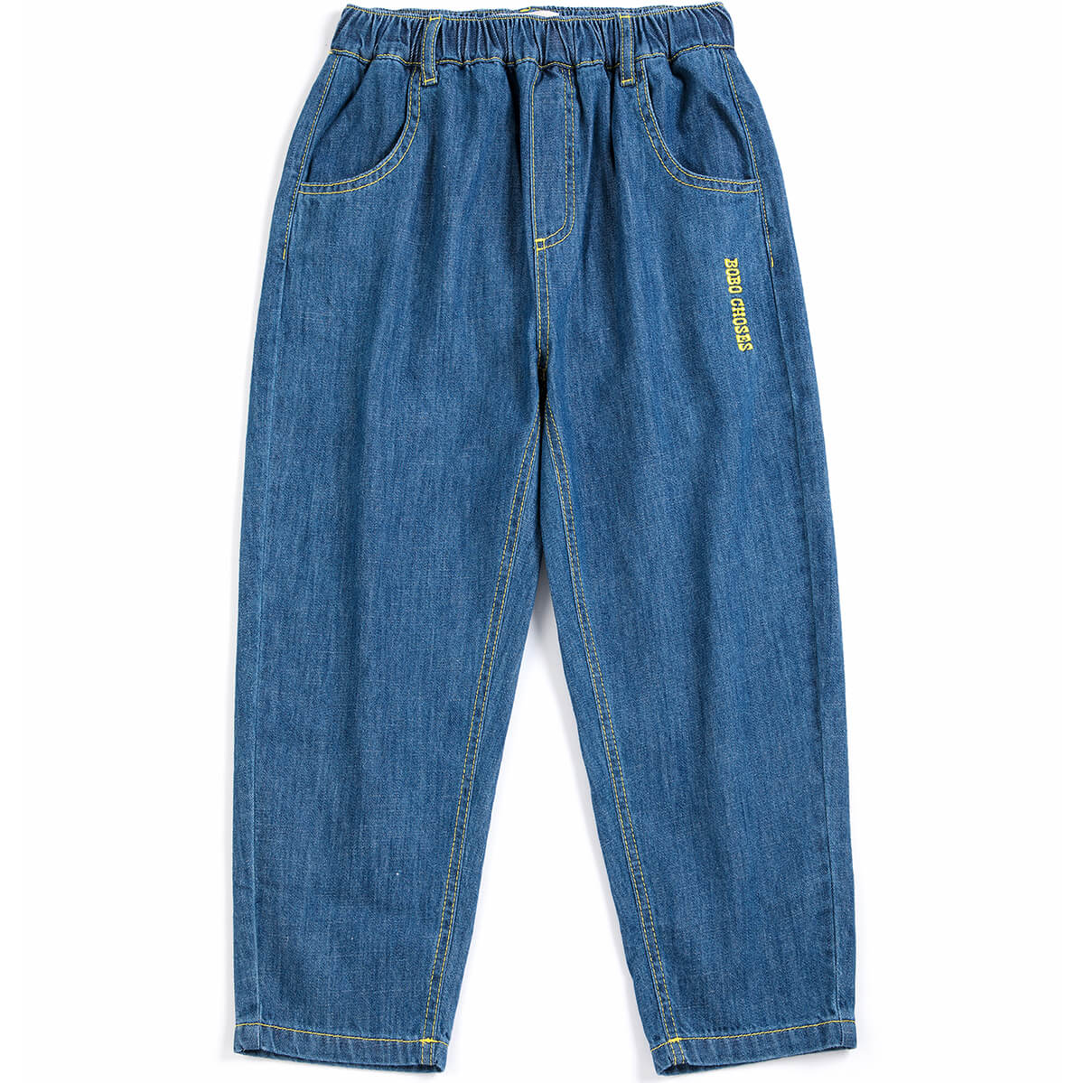 Pantalon en jean dinosaure bleu ludique avec motif graphique amusant pour les enfants (2-13 ans)