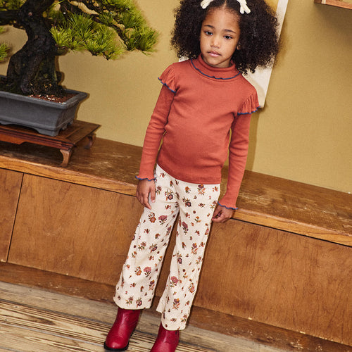 Pantalon large en coton, coupe trapèze, imprimé floral rose antique  blanc naturel artistique, motif floral décontracté pour les enfants de 2 à 10 ans