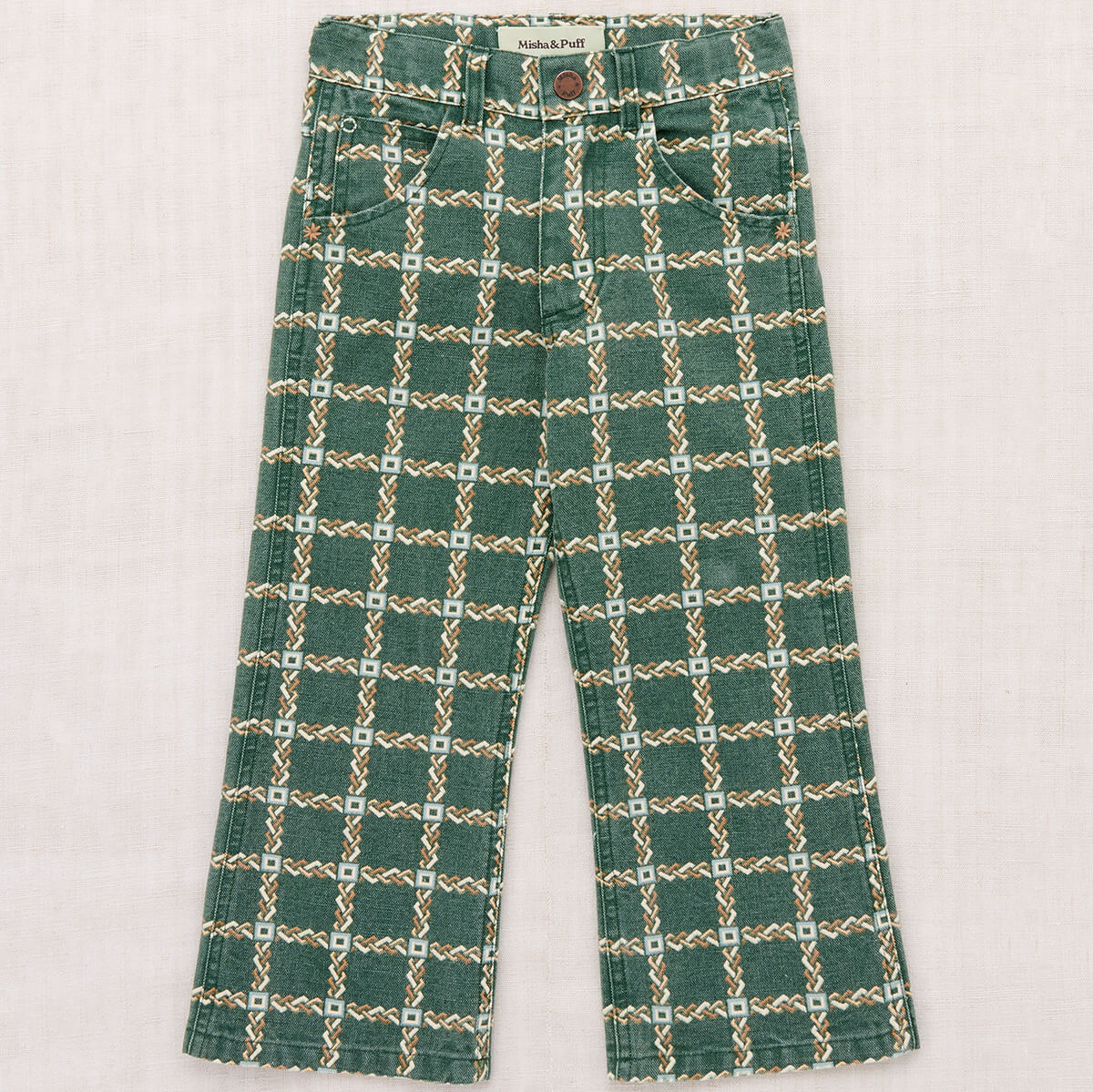 Pantalon évasé ajusté en toile de coton vert olive uni pour enfants (3-8 ans)