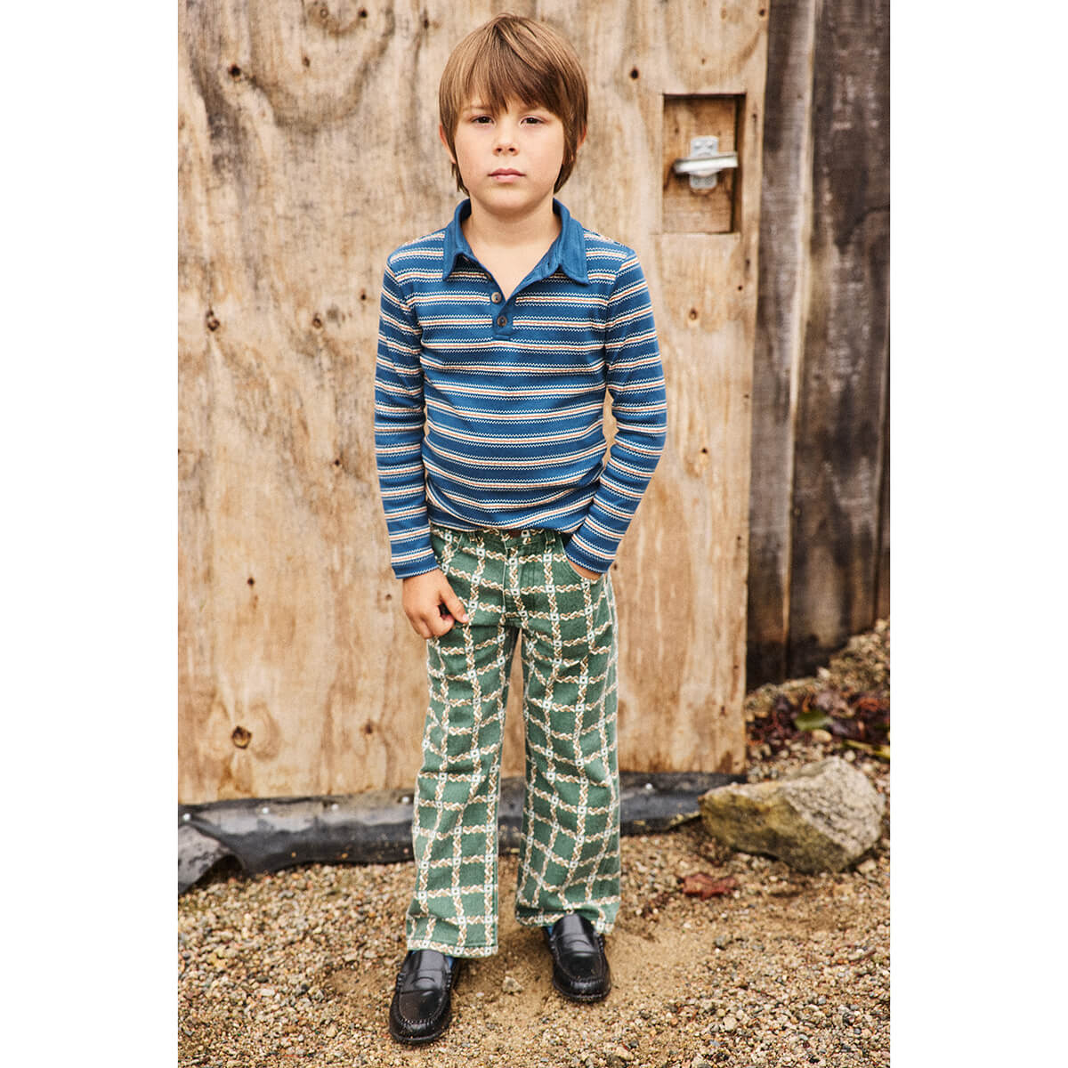 Pantalon évasé ajusté en toile de coton vert olive uni pour enfants (3-8 ans)
