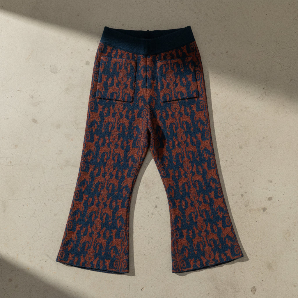 Pantalon Fuselé Évasé en Jacquard Laine Mérinos Faune Marine Artistique avec Poches Plaquées Taille Élastique pour Enfants Automne Hiver (2-8 ans)