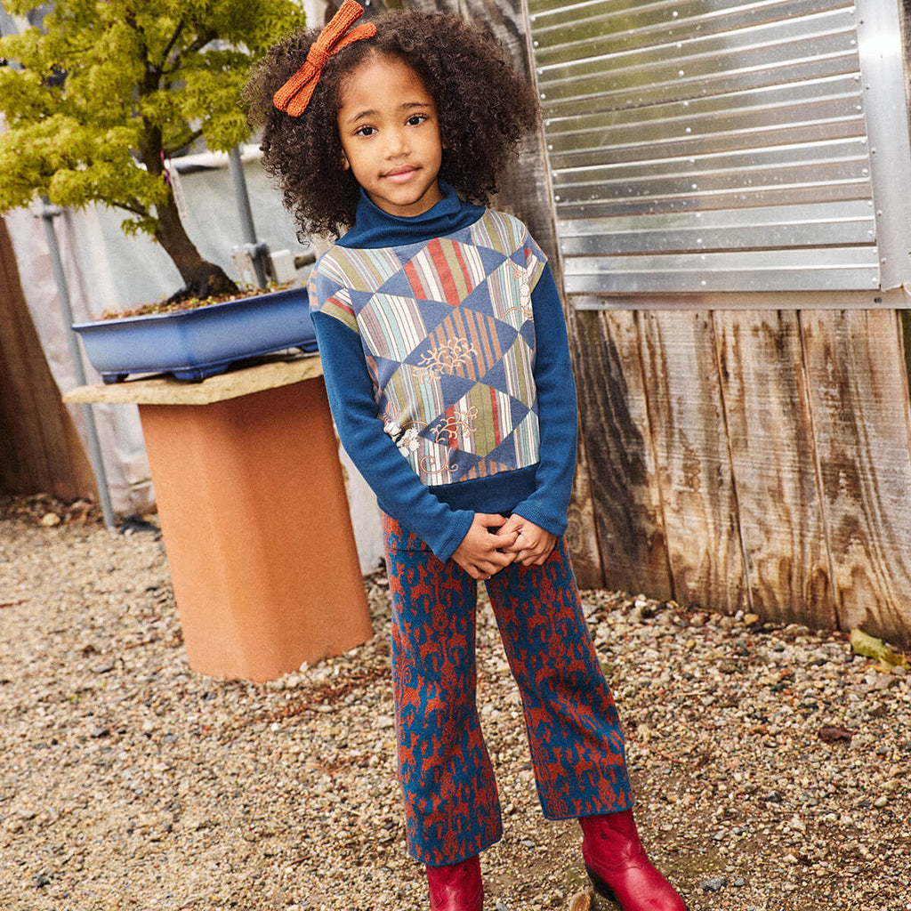 Pantalon Fuselé Évasé en Jacquard Laine Mérinos Faune Marine Artistique avec Poches Plaquées Taille Élastique pour Enfants Automne Hiver (2-8 ans)