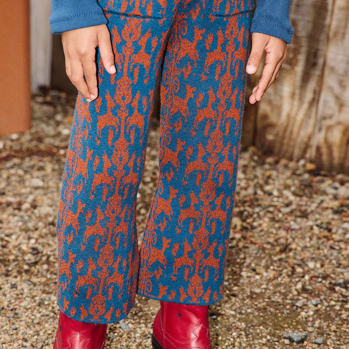 Pantalon Fuselé Évasé en Jacquard Laine Mérinos Faune Marine Artistique avec Poches Plaquées Taille Élastique pour Enfants Automne Hiver (2-8 ans)