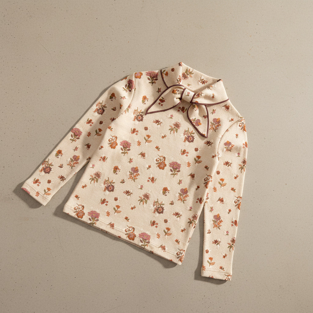 Haut en coton biologique à motif floral rose antique blanc naturel artistique avec détail foulard au col, idéal pour le quotidien des enfants (2-8 ans)