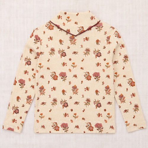 Haut en coton biologique à motif floral rose antique blanc naturel artistique avec détail foulard au col, idéal pour le quotidien des enfants (2-8 ans)