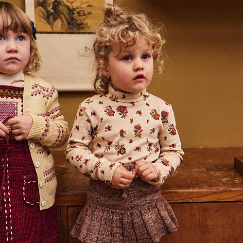 Haut à col roulé et manches longues en coton imprimé floral Holyoke rose antique blanc naturel artistique, à col haut floral et chaud pour enfants, automne (2-10 ans)