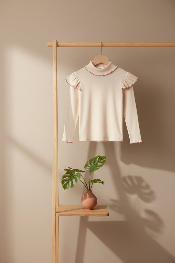 Col roulé minimaliste en coton uni blanc naturel, à manches longues et col montant, design polyvalent pour enfants, automne-hiver (2-10 ans)