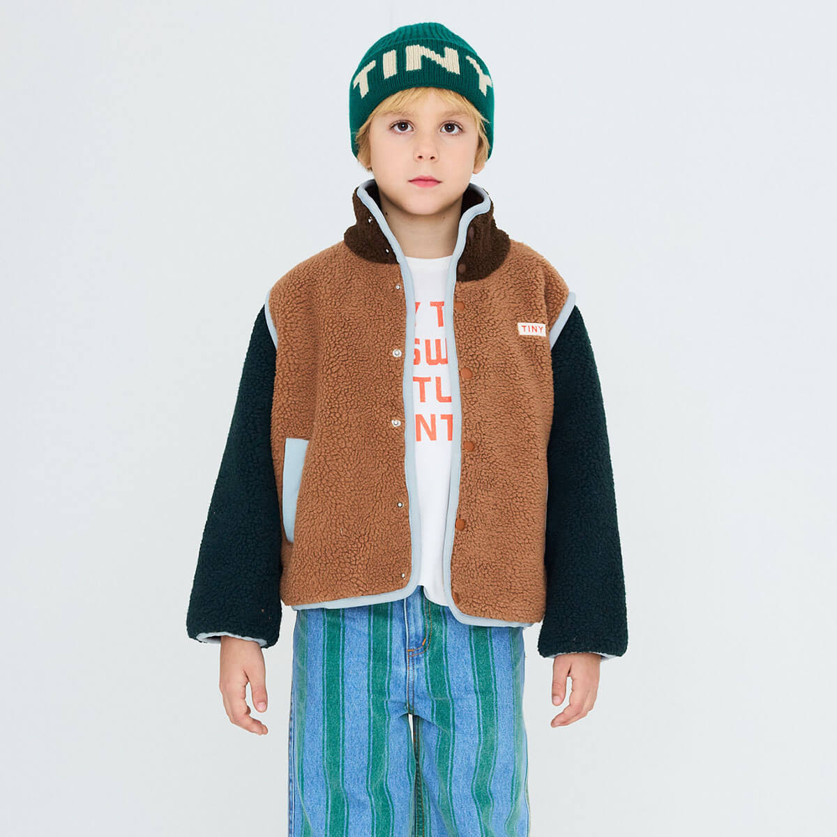 Veste décontractée en sherpa color-block marron clair avec doublure polaire chaude pour enfants Automne Hiver (2-12 ans)