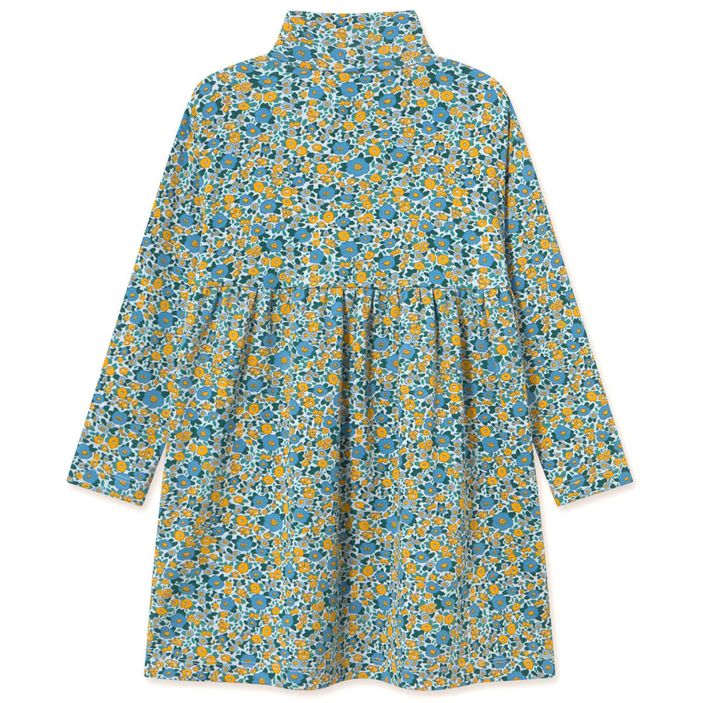 Robe Enfant en Coton Côtelé Col Montant, Motif Floral Bleu Délavé Artistique, Modèle Extensible Col Haut pour l'Automne (3-8 ans)