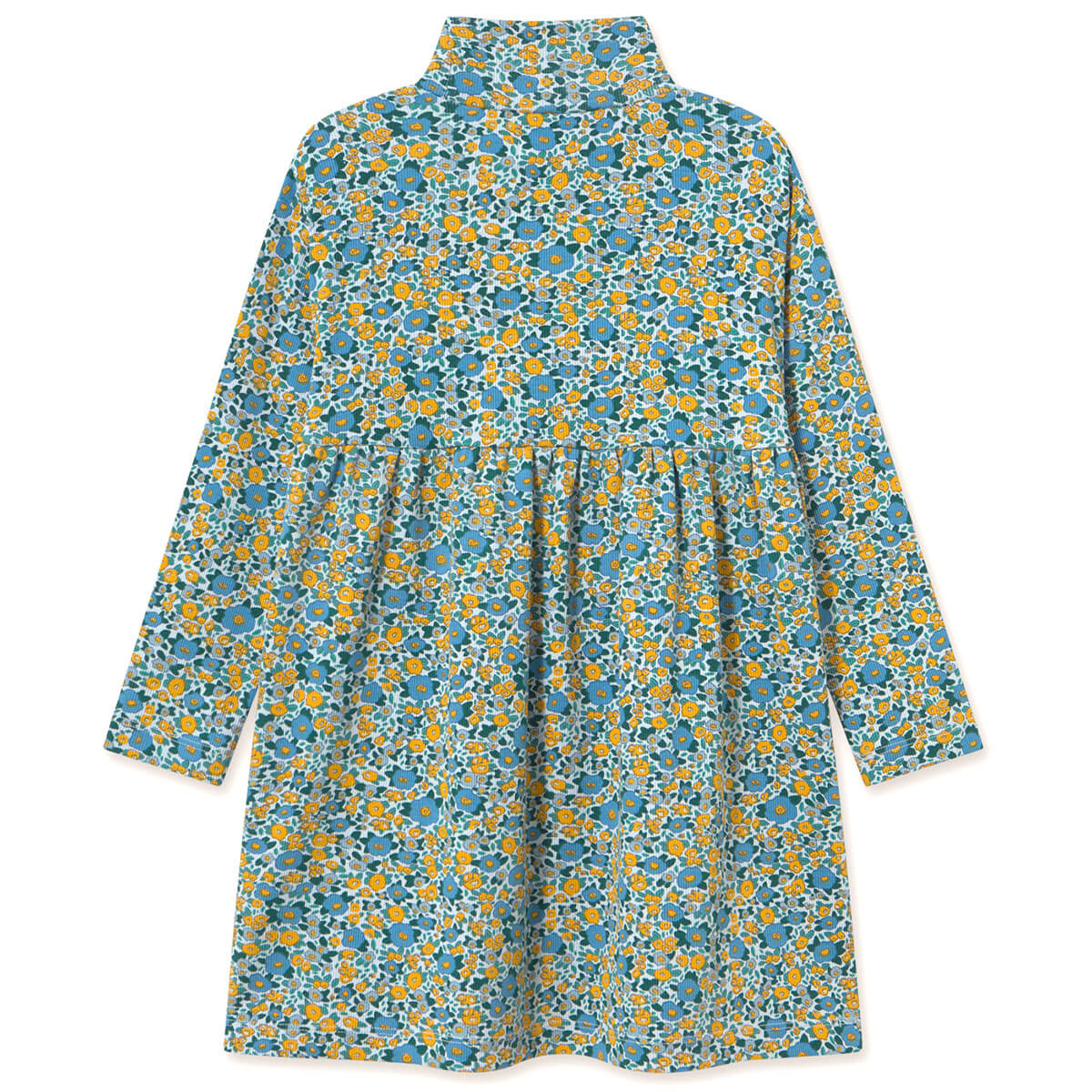 Robe Enfant en Coton Côtelé Col Montant, Motif Floral Bleu Délavé Artistique, Modèle Extensible Col Haut pour l'Automne (3-8 ans)