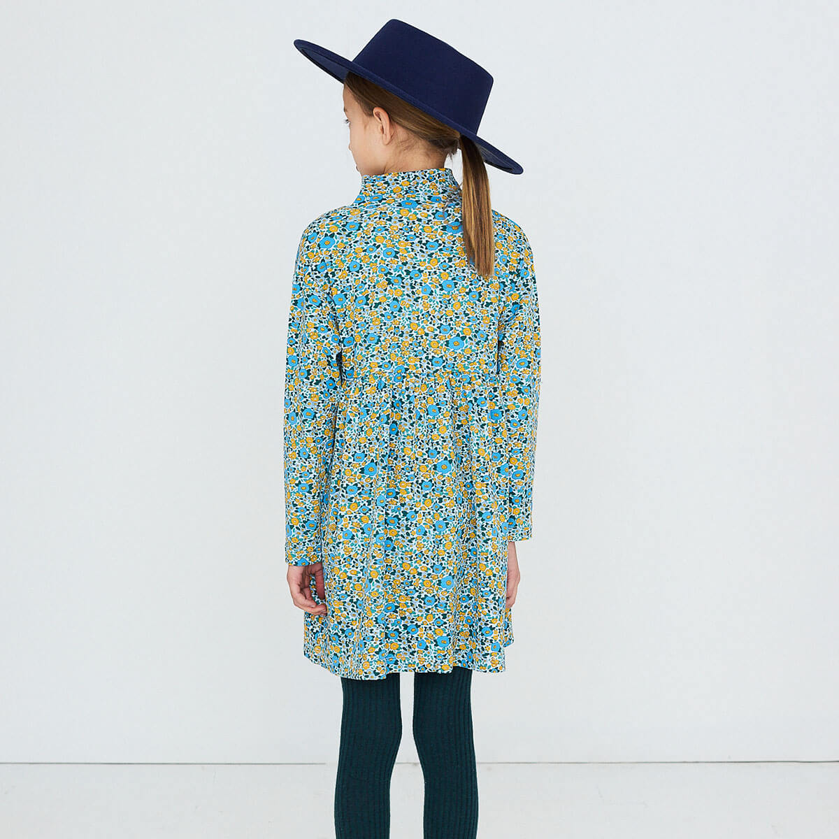 Robe Enfant en Coton Côtelé Col Montant, Motif Floral Bleu Délavé Artistique, Modèle Extensible Col Haut pour l'Automne (3-8 ans)