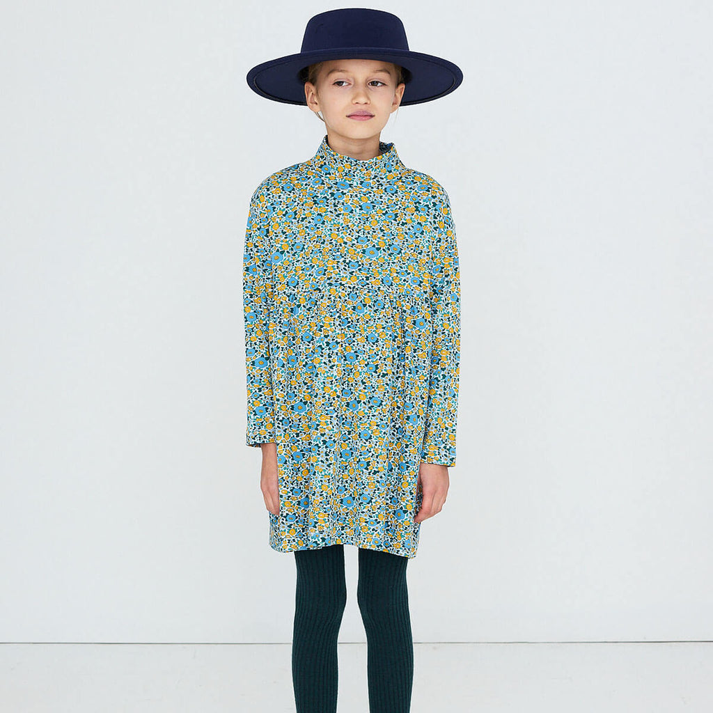 Robe Enfant en Coton Côtelé Col Montant, Motif Floral Bleu Délavé Artistique, Modèle Extensible Col Haut pour l'Automne (3-8 ans)