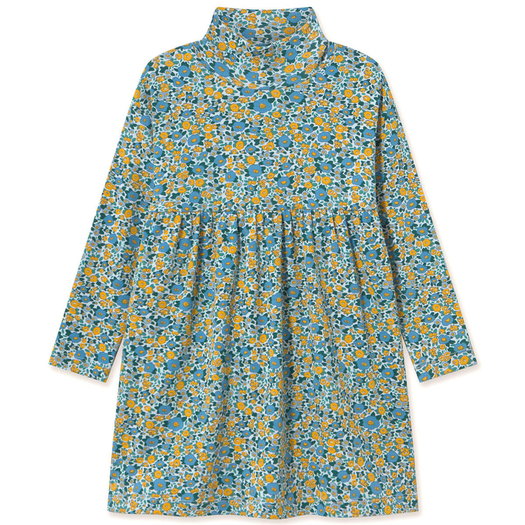 Robe Enfant en Coton Côtelé Col Montant, Motif Floral Bleu Délavé Artistique, Modèle Extensible Col Haut pour l'Automne (3-8 ans)