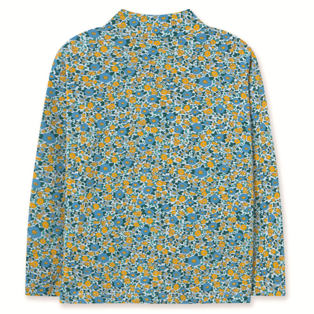 T-shirt à manches longues en coton côtelé à col montant avec motif floral artistique bleu délavé, chaleur au col pour l'automne (3-10 ans)