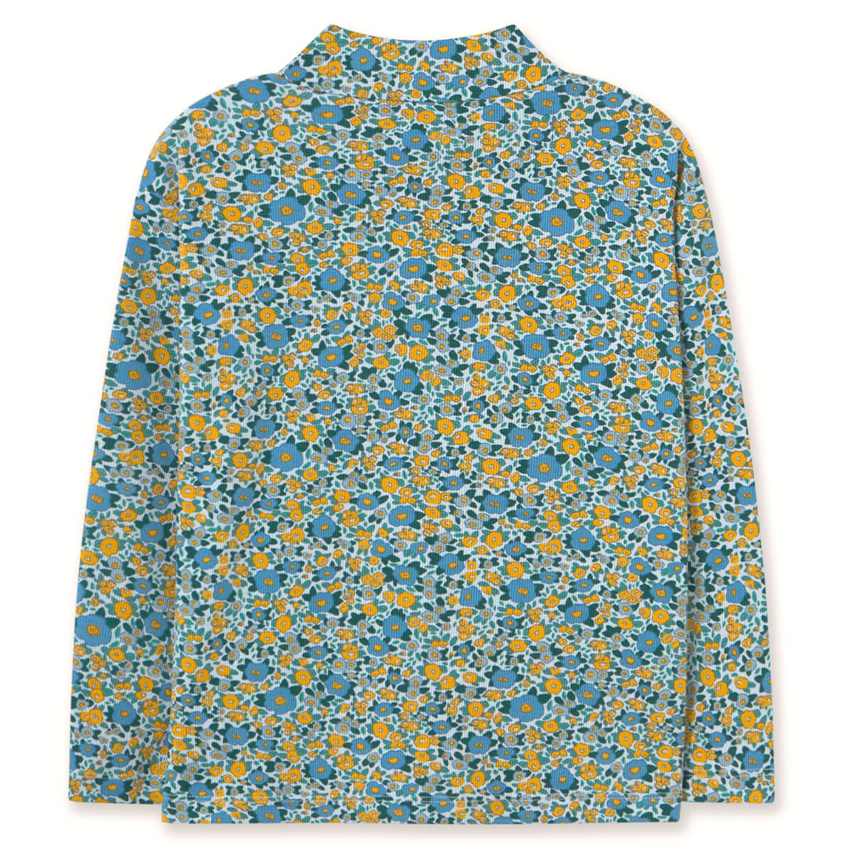 T-shirt à manches longues en coton côtelé à col montant avec motif floral artistique bleu délavé, chaleur au col pour l'automne (3-10 ans)