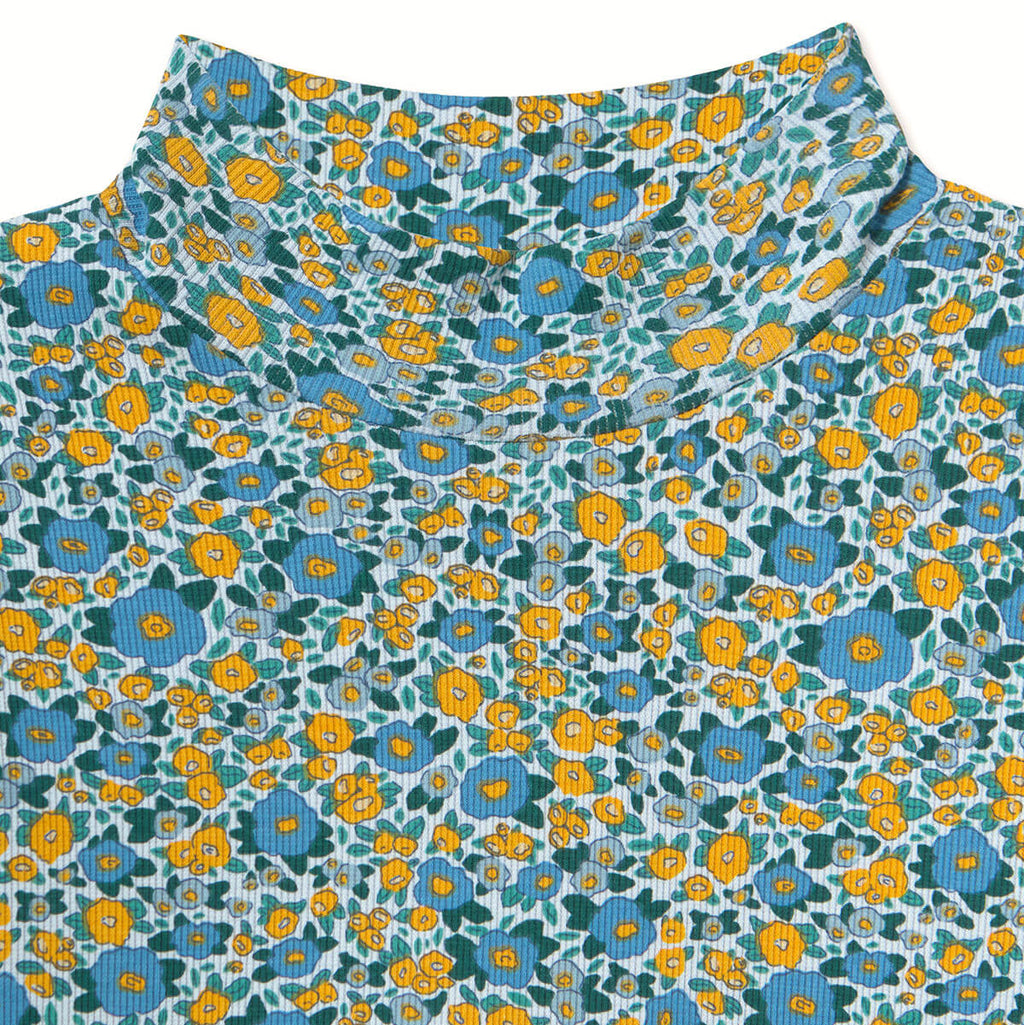 T-shirt à manches longues en coton côtelé à col montant avec motif floral artistique bleu délavé, chaleur au col pour l'automne (3-10 ans)