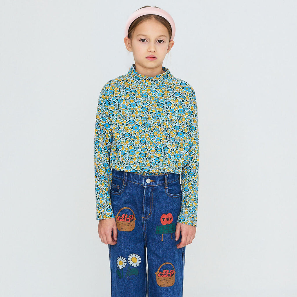 T-shirt à manches longues en coton côtelé à col montant avec motif floral artistique bleu délavé, chaleur au col pour l'automne (3-10 ans)