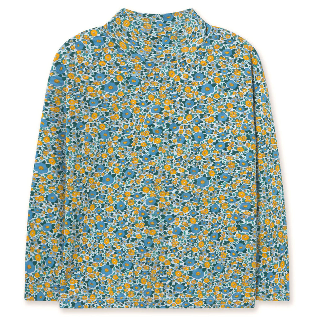 T-shirt à manches longues en coton côtelé à col montant avec motif floral artistique bleu délavé, chaleur au col pour l'automne (3-10 ans)