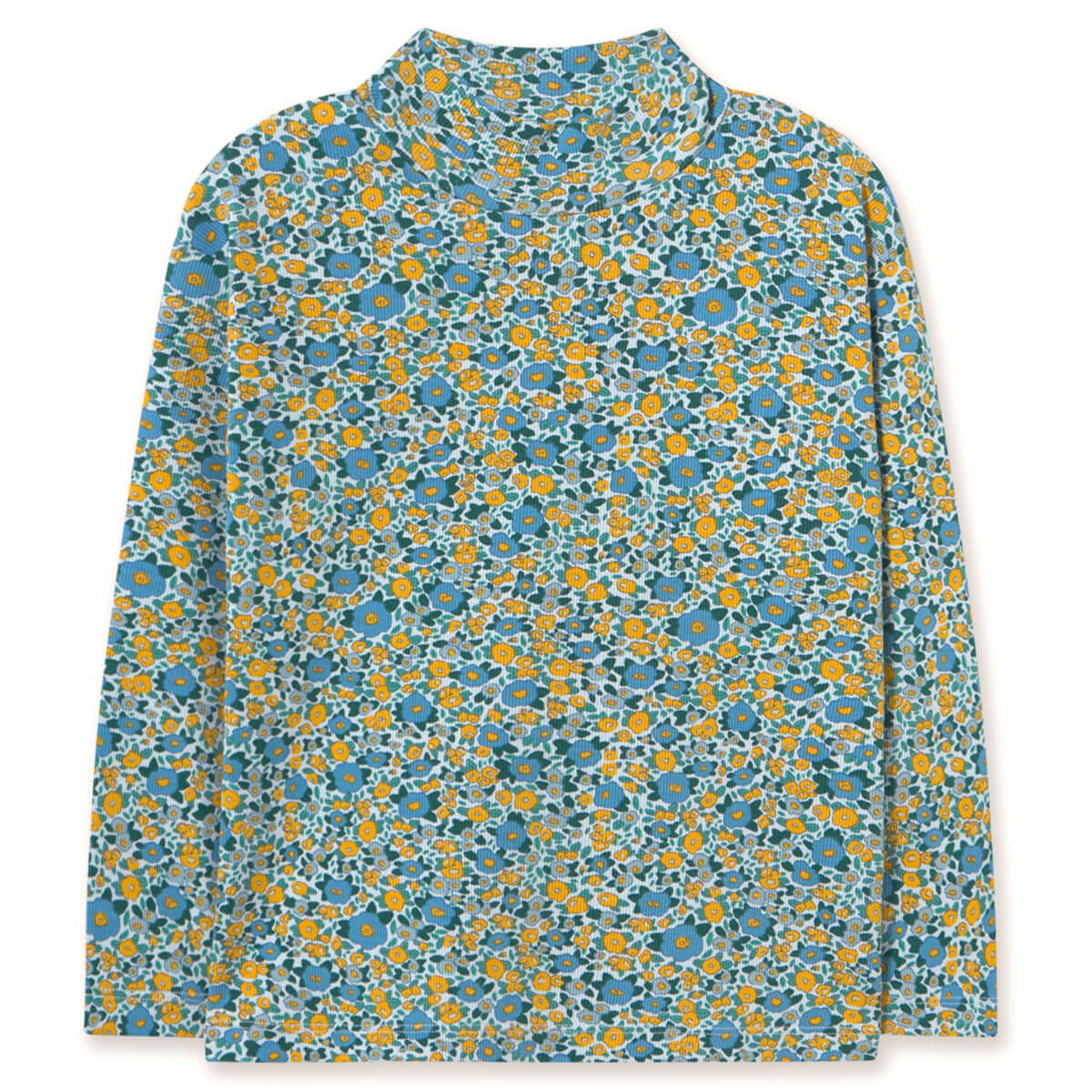 T-shirt à manches longues en coton côtelé à col montant avec motif floral artistique bleu délavé, chaleur au col pour l'automne (3-10 ans)