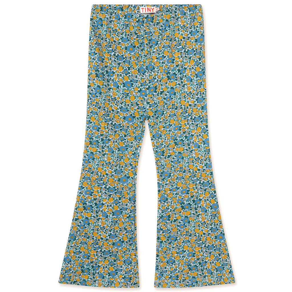 Pantalon en coton côtelé à motif floral bleu délavé artistique avec taille élastique pour le confort des enfants au quotidien (3-10 ans)