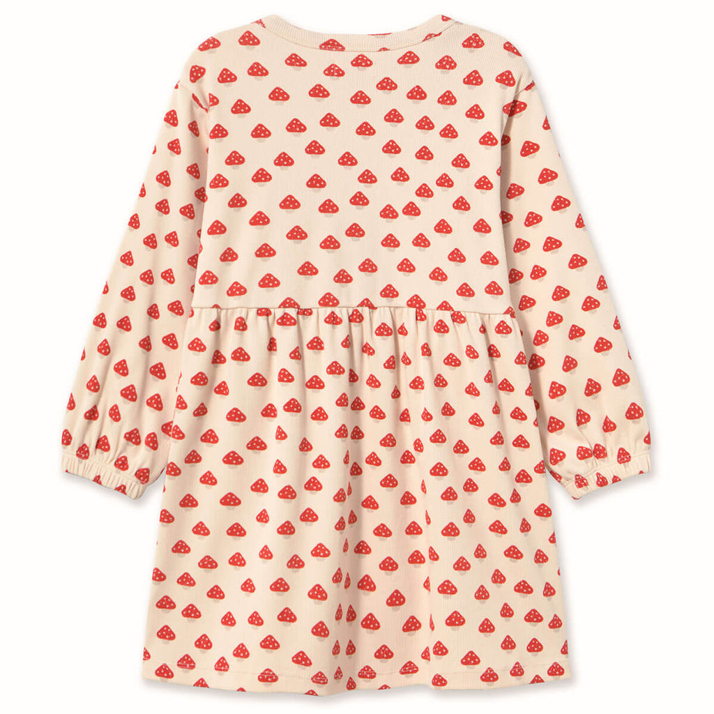 Robe en coton côtelé minimaliste ivoire à imprimé mini-champignons, avec silhouette ajustée et extensible, pour enfants (3-8 ans), à porter au quotidien