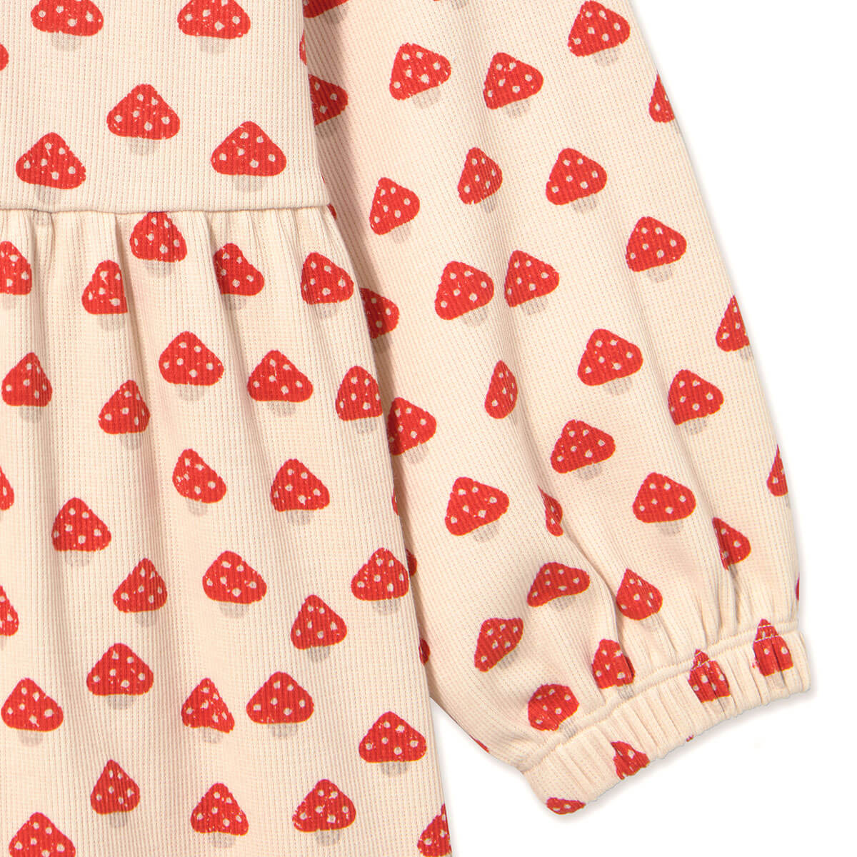 Robe en coton côtelé minimaliste ivoire à imprimé mini-champignons, avec silhouette ajustée et extensible, pour enfants (3-8 ans), à porter au quotidien