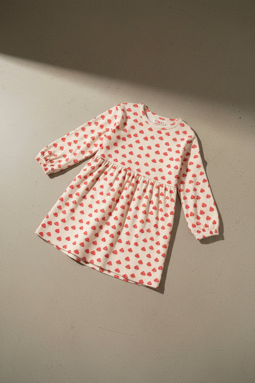 Robe en coton côtelé minimaliste ivoire à imprimé mini-champignons, avec silhouette ajustée et extensible, pour enfants (3-8 ans), à porter au quotidien