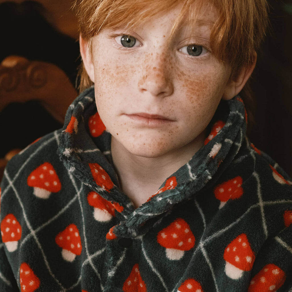 Veste polaire zippée décontractée bleu encre imprimé champignons pour enfants, collection automne-hiver (3-10 ans)