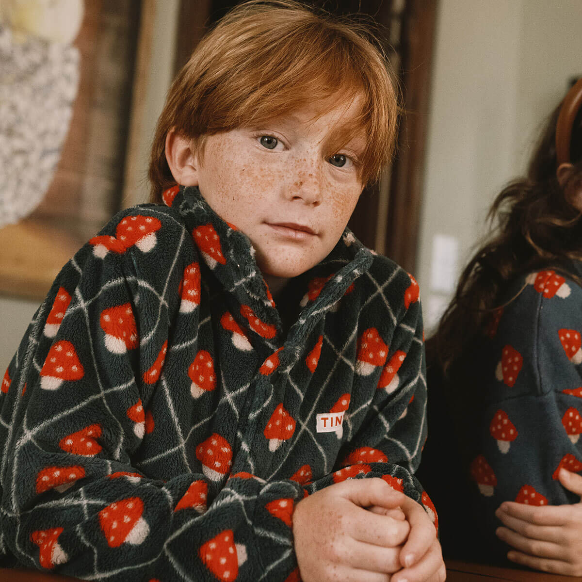 Veste polaire zippée décontractée bleu encre imprimé champignons pour enfants, collection automne-hiver (3-10 ans)