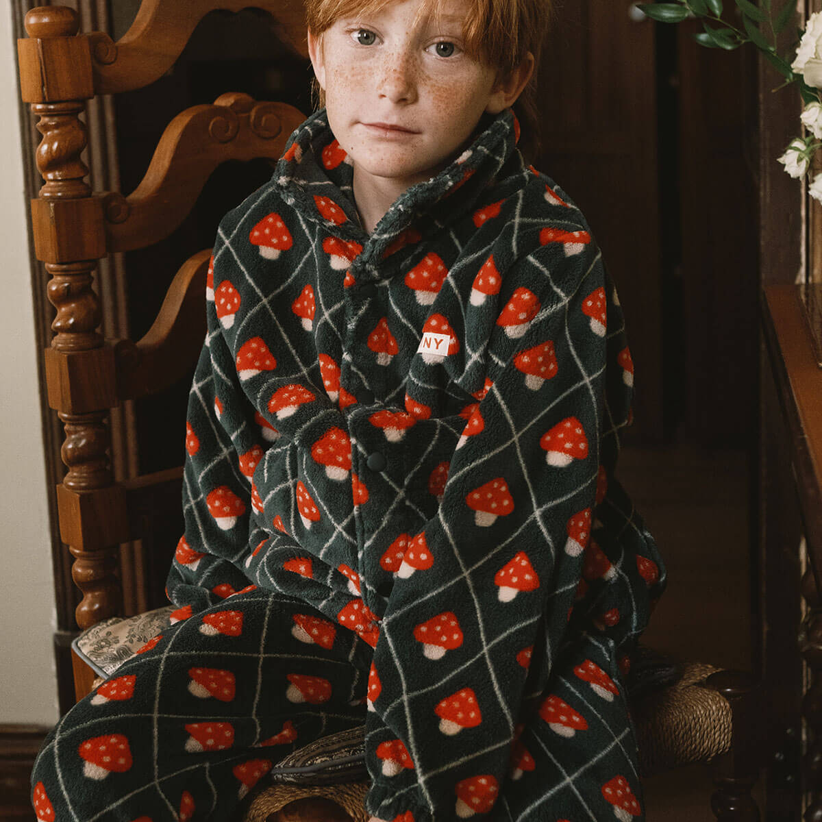 Veste polaire zippée décontractée bleu encre imprimé champignons pour enfants, collection automne-hiver (3-10 ans)