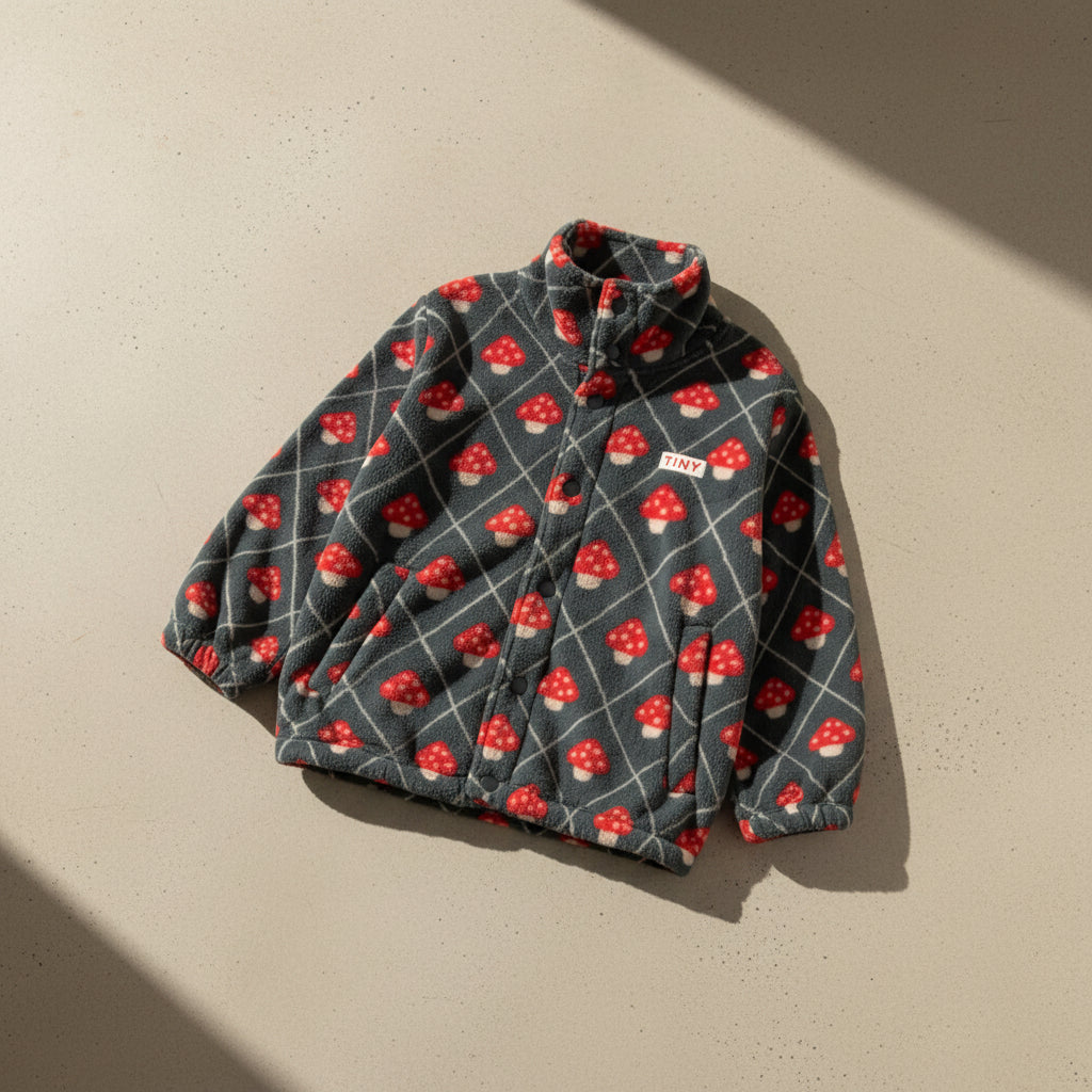 Veste polaire zippée décontractée bleu encre imprimé champignons pour enfants, collection automne-hiver (3-10 ans)