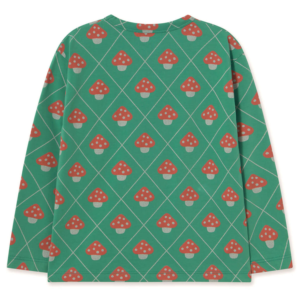 T-shirt décontracté en coton vert émeraude foncé à imprimé champignons avec motif graphique botanique pour le quotidien des enfants (3-10 ans)