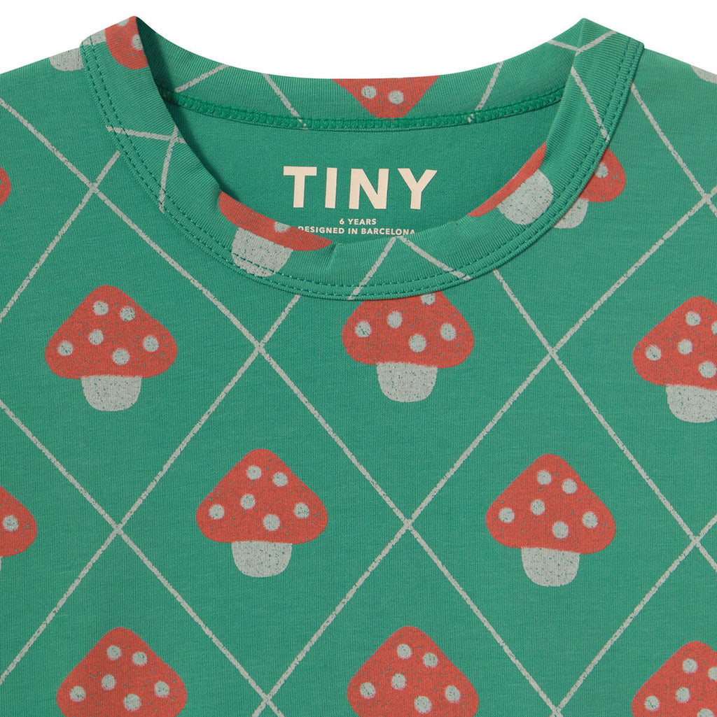 T-shirt décontracté en coton vert émeraude foncé à imprimé champignons avec motif graphique botanique pour le quotidien des enfants (3-10 ans)