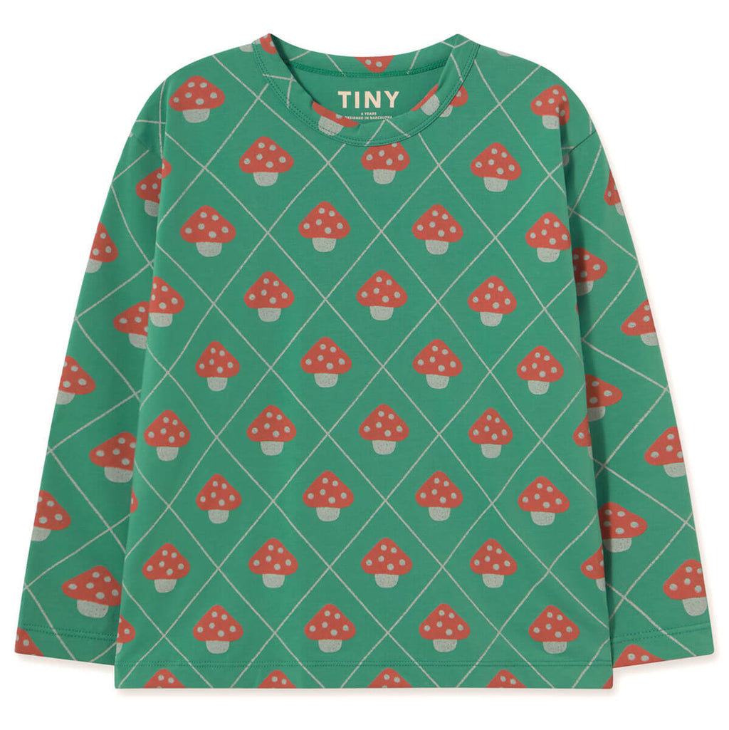 T-shirt décontracté en coton vert émeraude foncé à imprimé champignons avec motif graphique botanique pour le quotidien des enfants (3-10 ans)