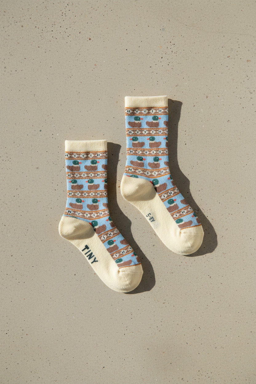 Chaussettes mi-hautes en coton mélangé imprimées de petits canards multicolores et ludiques, avec motif animal mignon pour enfants (2-12 ans)